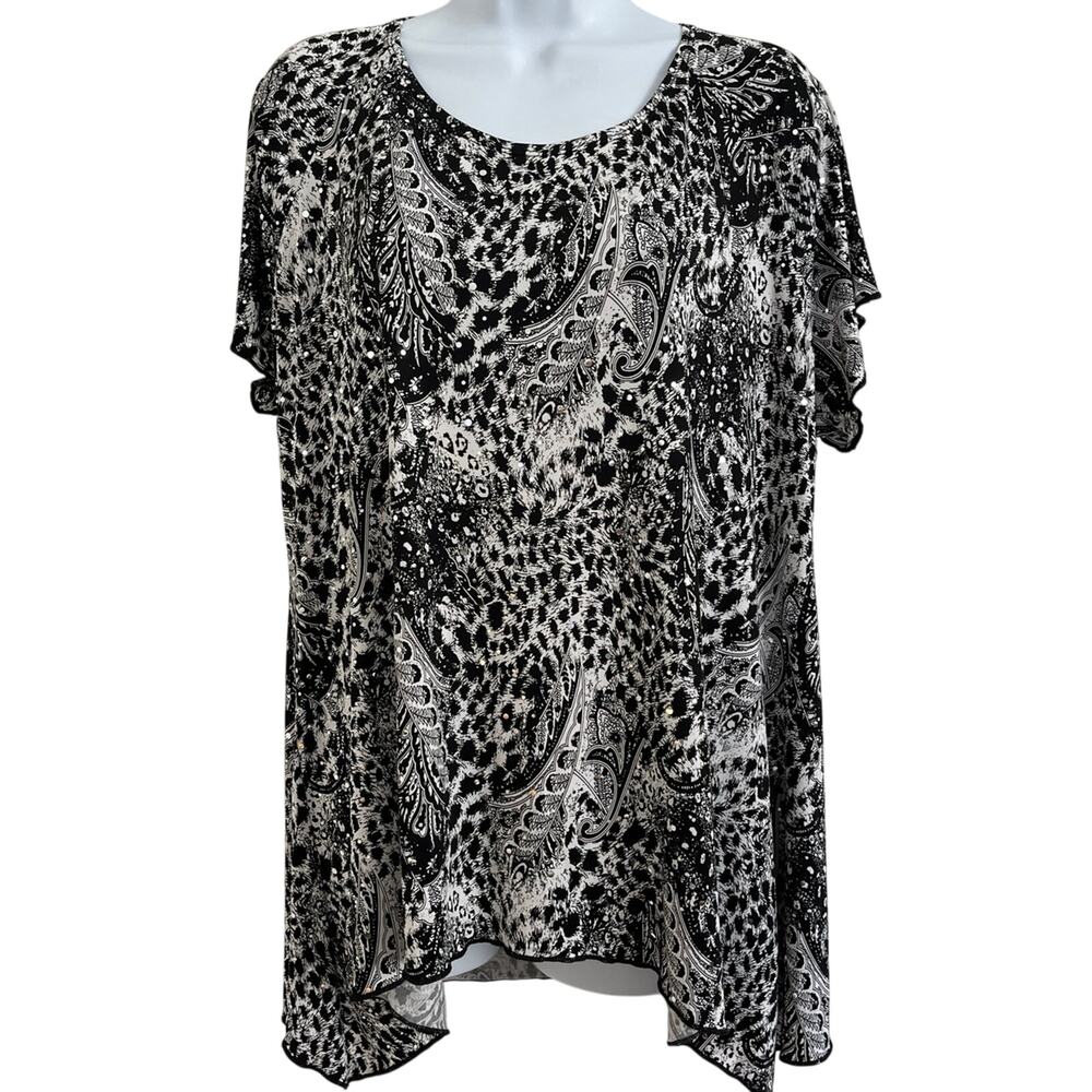 Brittany Black 2X Women’s Plus Size Silver Bead Embellished Black Grey White Top